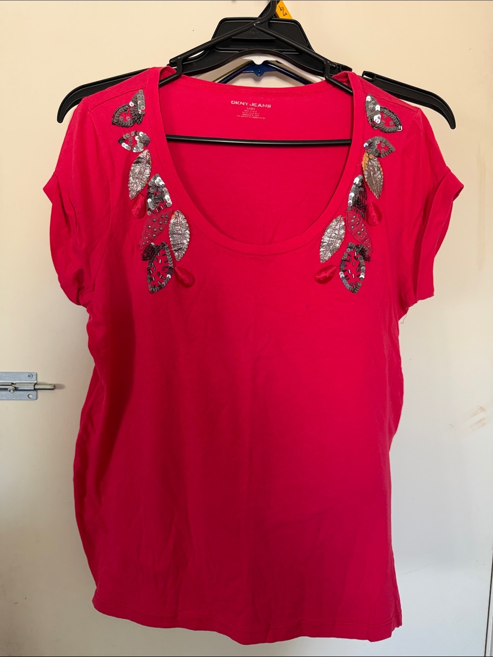DKNY Pink Short Sleeve Scoop Neck Top with Sequin Leaf Accents